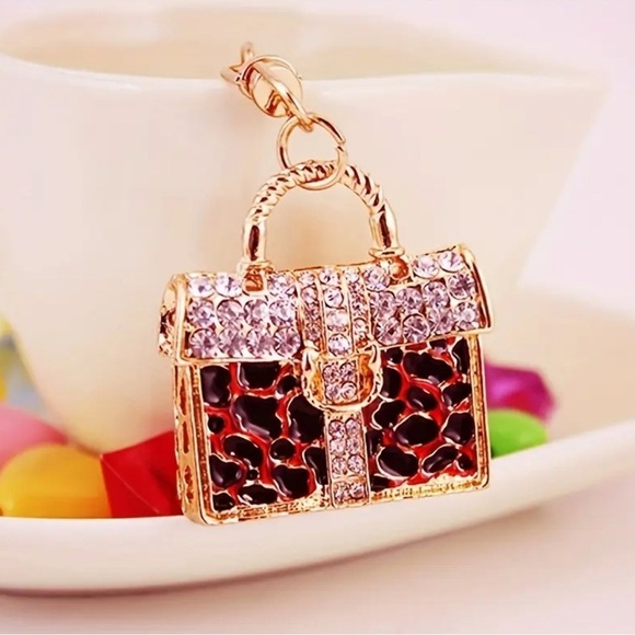 Bag Charm Gold red/black Leopard Print Purse Keychain - Picture 2 of 4